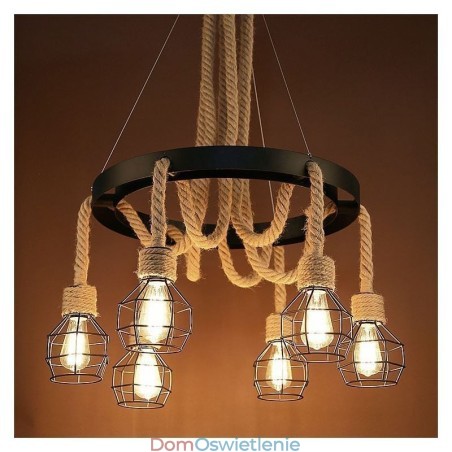 Styl retro 6 głów wisząca lampa żyrandol z konopnej liny z kloszem z żelaza Styl retro 6 głów wisząca lampa żyrandol z konopnej liny z kloszem z żelaza