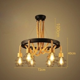 Styl retro 6 głów wisząca lampa żyrandol z konopnej liny z kloszem z żelaza