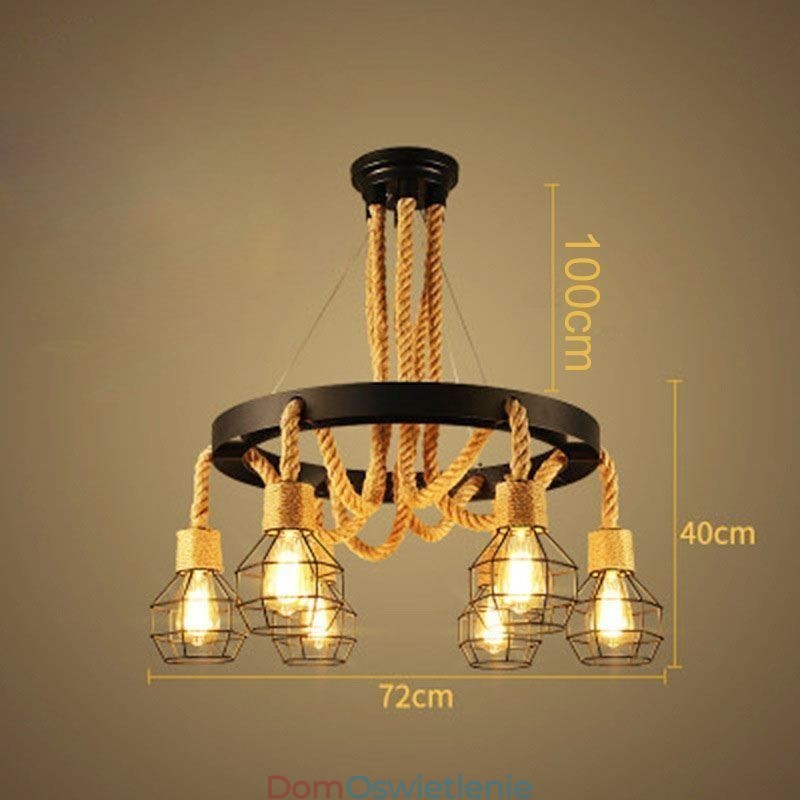 Styl retro 6 głów wisząca lampa żyrandol z konopnej liny z kloszem z żelaza
