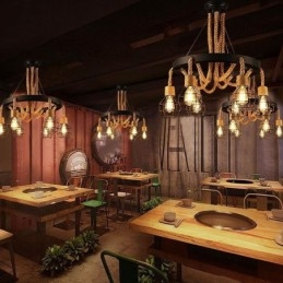 Styl retro 6 głów wisząca lampa żyrandol z konopnej liny z kloszem z żelaza