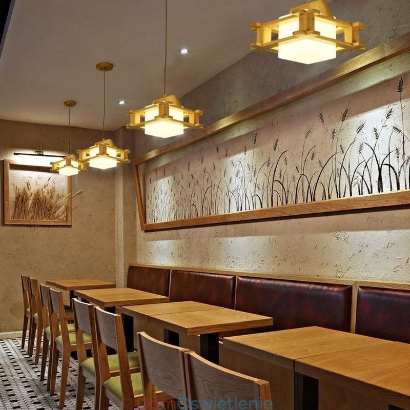 Lampa wisząca z dębu w stylu nordyckim z kloszem ze szkła mrożonego Cafe