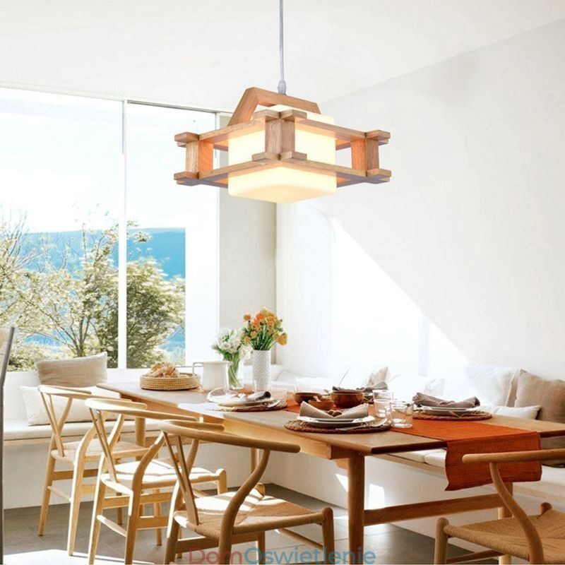 Lampa wisząca z dębu w stylu nordyckim z kloszem ze szkła mrożonego Cafe