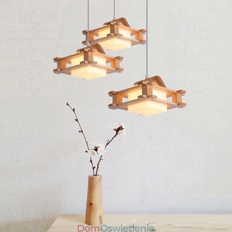 Lampa wisząca z dębu w stylu nordyckim z kloszem ze szkła mrożonego Cafe