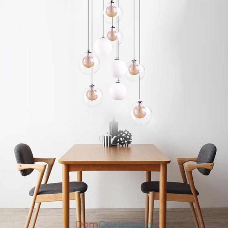 Wisząca lampa szklana, klaster, lampa sufitowa, złoty nikiel szczotkowany + mleczna szklana kula