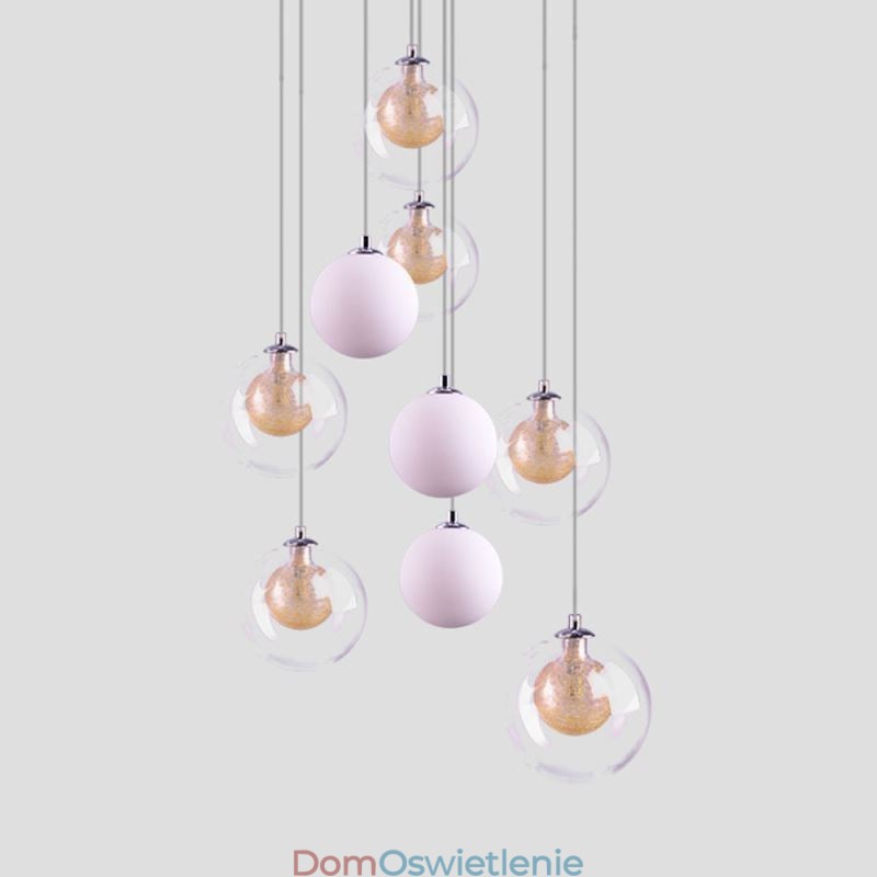 Wisząca lampa szklana, klaster, lampa sufitowa, złoty nikiel szczotkowany + mleczna szklana kula