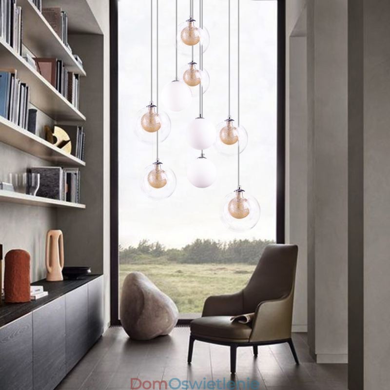 Wisząca lampa szklana, klaster, lampa sufitowa, złoty nikiel szczotkowany + mleczna szklana kula