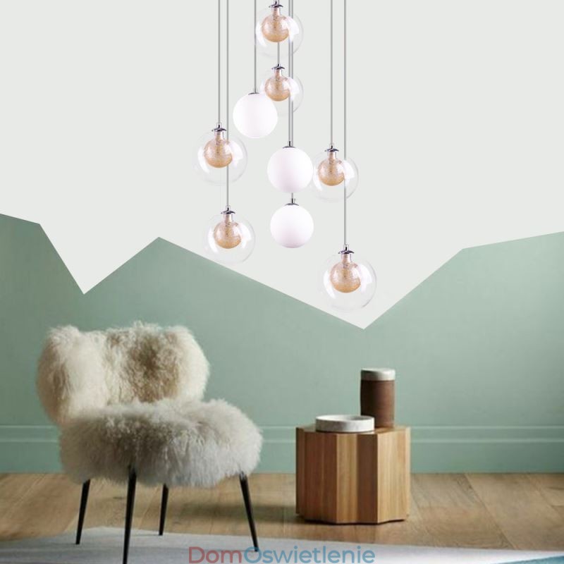 Wisząca lampa szklana, lampa sufitowa, złoty nikiel szczotkowany + mleczna szklana kula
