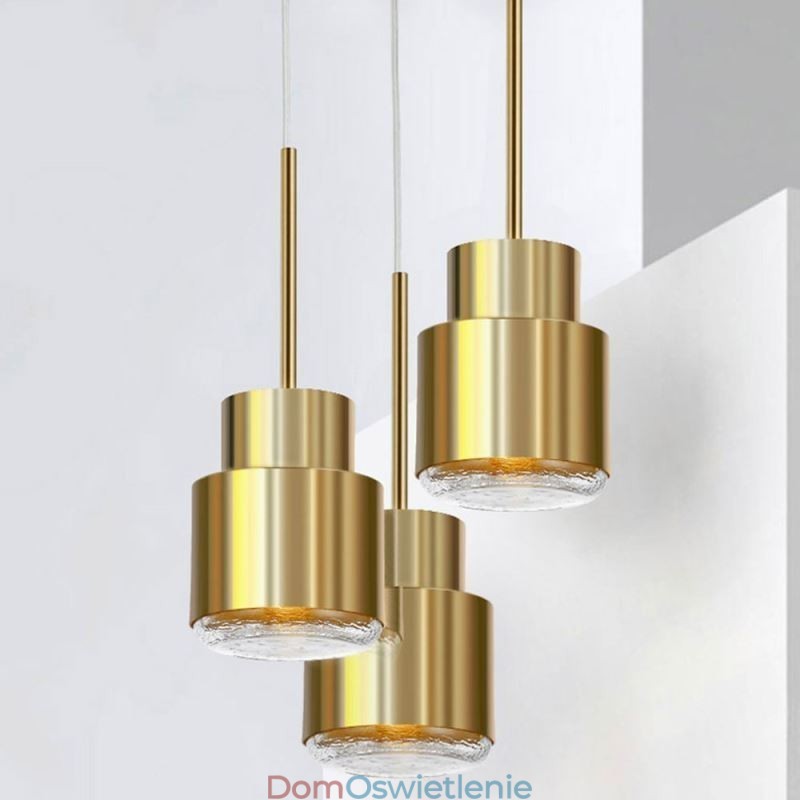 Wisząca lampa szklana w stylu postmodernistycznym, złoty cylinder, jasne światło