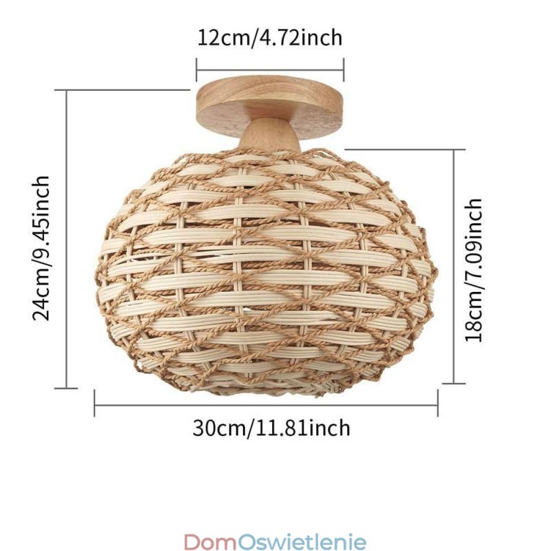Klosz lampy z tkaniny rattanowej w kolorze drewna z dynią montowany na płasko