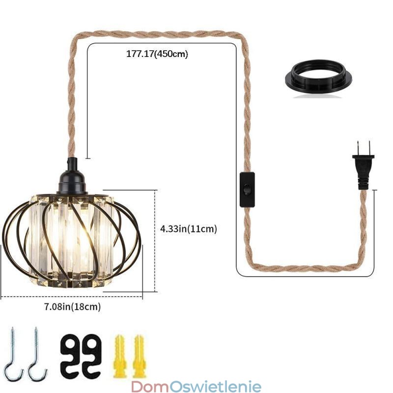 Retro Country Lampa sufitowa z konopnej liny, lampa wisząca przy łóżku z wtyczką