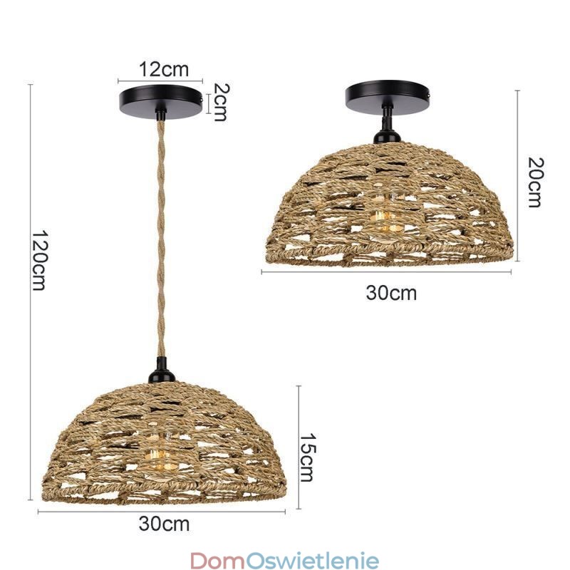 Lampa wisząca retro w stylu rustykalnym, ręcznie tkana, abażur z liny papierowej, 30 cm