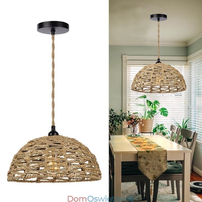 Lampa wisząca retro w stylu rustykalnym, ręcznie tkana, abażur z liny papierowej, 30 cm