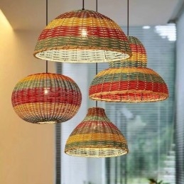 Bambus i rattan wisząca lampa kolorowy pasiasty odstęp ręcznie tkany abażur lampa sufitowa