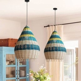 Lampa wisząca z bambusa i rattanu, abażur tkany ręcznie, lampa sufitowa w paski