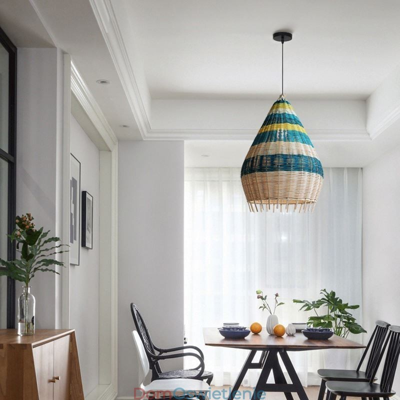 Lampa wisząca z bambusa i rattanu, abażur tkany ręcznie, lampa sufitowa w paski