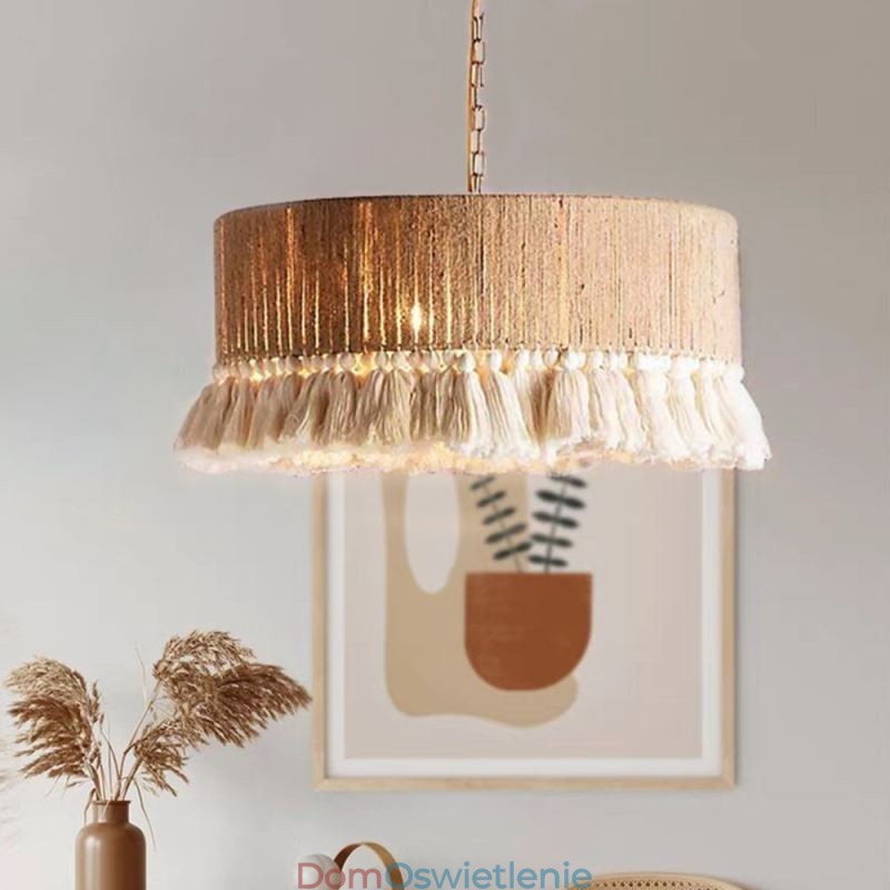 Retro lampa wisząca w stylu boho z frędzlami z liny konopnej