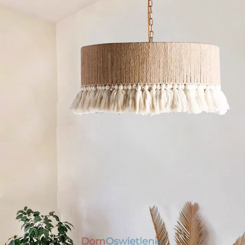 Retro lampa wisząca w stylu boho z frędzlami z liny konopnej