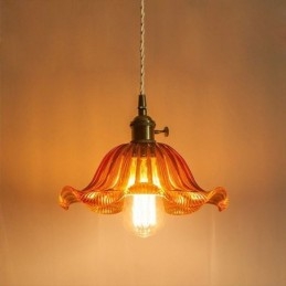 Vintage Kolorowa Żebrowana Szklana Lampa Wisząca Kwiatowy Klosz Lampy Z Przekręcanym Przełącznikiem Światła