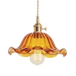 Vintage Kolorowa Żebrowana Szklana Lampa Wisząca Kwiatowy Klosz Lampy Z Przekręcanym Przełącznikiem Światła