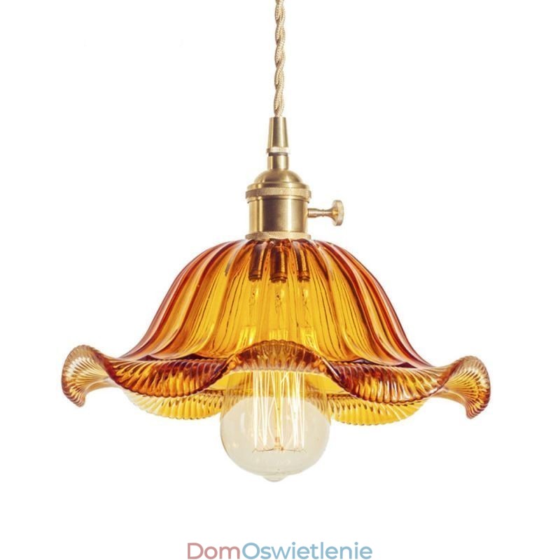 Vintage Kolorowa Żebrowana Szklana Lampa Wisząca Kwiatowy Klosz Lampy Z Przekręcanym Przełącznikiem Światła