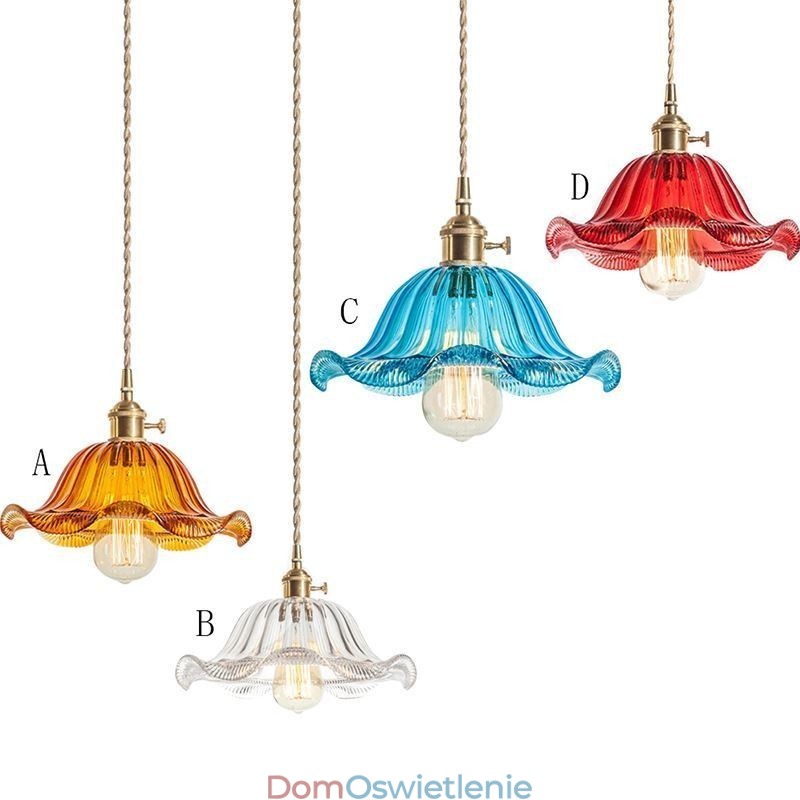 Vintage Kolorowa Żebrowana Szklana Lampa Wisząca Kwiatowy Klosz Lampy Z Przekręcanym Przełącznikiem Światła