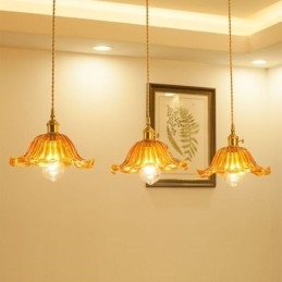 Vintage Kolorowa Żebrowana Szklana Lampa Wisząca Kwiatowy Klosz Lampy Z Przekręcanym Przełącznikiem Światła