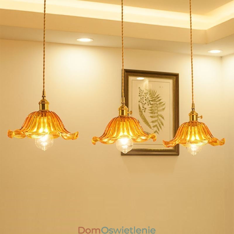 Vintage Kolorowa Żebrowana Szklana Lampa Wisząca Kwiatowy Klosz Lampy Z Przekręcanym Przełącznikiem Światła