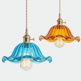 Vintage Kolorowa Żebrowana Szklana Lampa Wisząca Kwiatowy Klosz Lampy Z Przekręcanym Przełącznikiem Światła