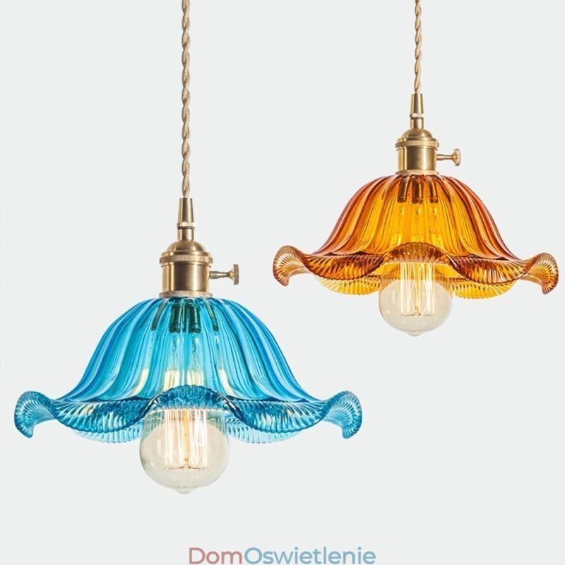 Vintage Kolorowa Żebrowana Szklana Lampa Wisząca Kwiatowy Klosz Lampy Z Przekręcanym Przełącznikiem Światła