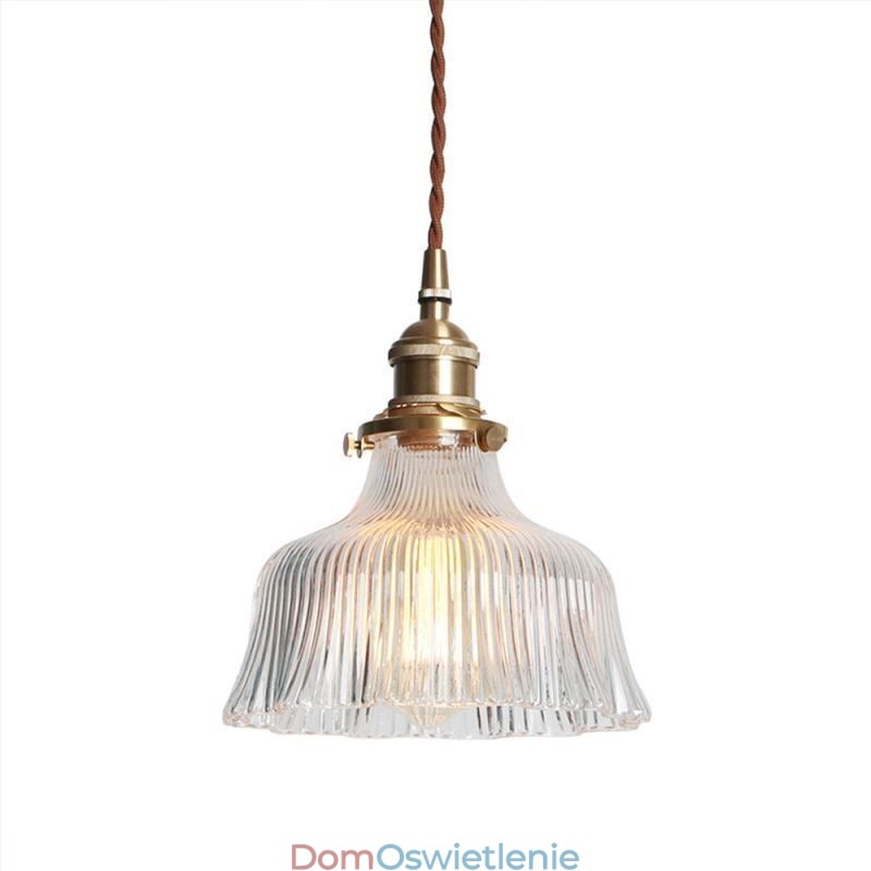 Duża, przezroczysta, żebrowana lampa wisząca z kloszem w kolorze szkła z mosiężnym uchwytem i przełącznikiem obrotowym
