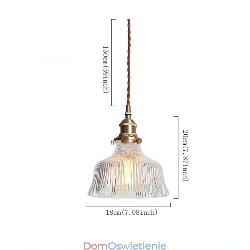 Duża, przezroczysta, żebrowana lampa wisząca z kloszem w kolorze szkła z mosiężnym uchwytem i przełącznikiem obrotowym