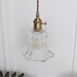 Przezroczysta, żebrowana szklana lampa wisząca w kształcie kwiatu z przełącznikiem obrotowym