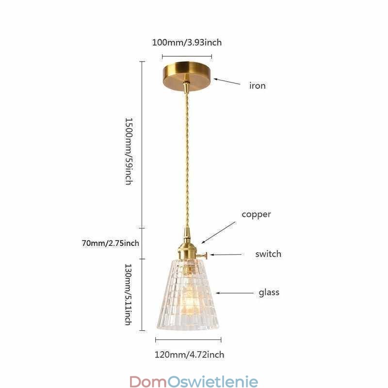 Kwadratowa przezroczysta żebrowana lampa wisząca ze szkła mosiężnego z przełącznikiem obrotowym