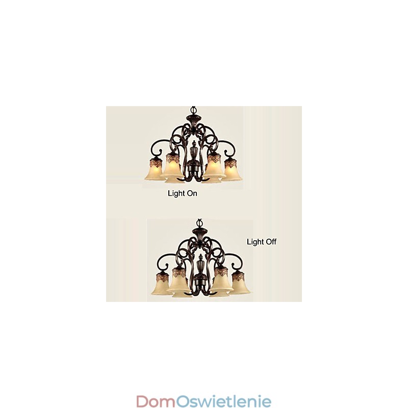 Żyrandol wiszący 6 świateł abażur w dół Vintage Country metal + szkło