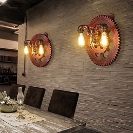 2 Heads Vintage Industrial Wall Lights Drewniane koła zębate Kształt światła Restauracja Kawiarnia Bar Dekoracja Kinkiety ścienne