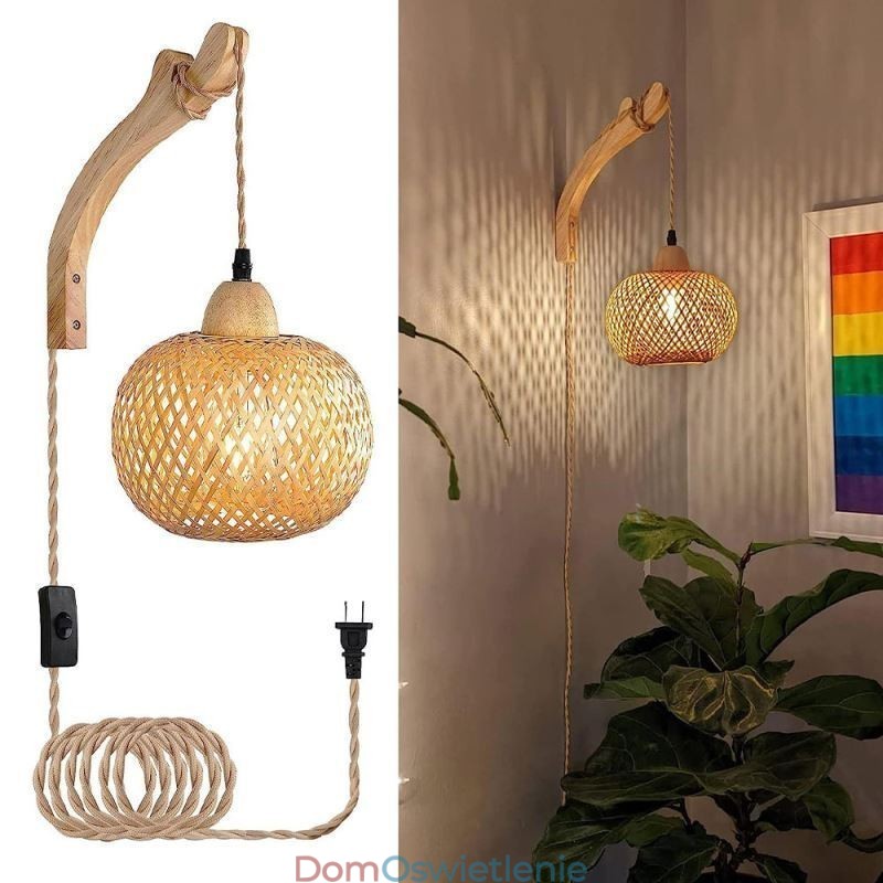 Kinkiet ścienny z bambusa, amerykański pasterski, retro, konopny sznur, lampa ścienna z wtyczką