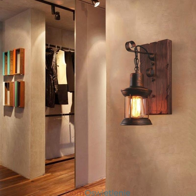 Amerykańska lampa ścienna Vintage Industrial LOFT Kinkiet ścienna z litego drewna Lampa szklana