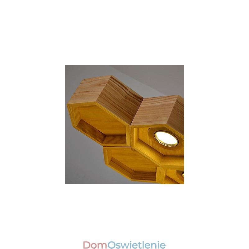 Designerski żyrandol o indywidualnym charakterze, prosty, drewniany, o strukturze plastra miodu